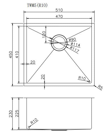 Navona TWM5 Handmade Single Bowl Sink 510 x 450 x 230mm technical drawing