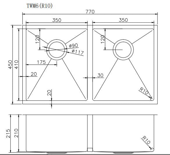 Navona TWM6 Handmade Double Bowl Sink 770 x 450 x 215mm technical drawing