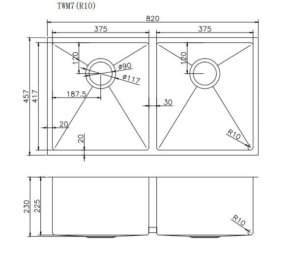 Navona TWM7 Handmade Double Bowl Sink 820 x 457 x 230mm technical drawing