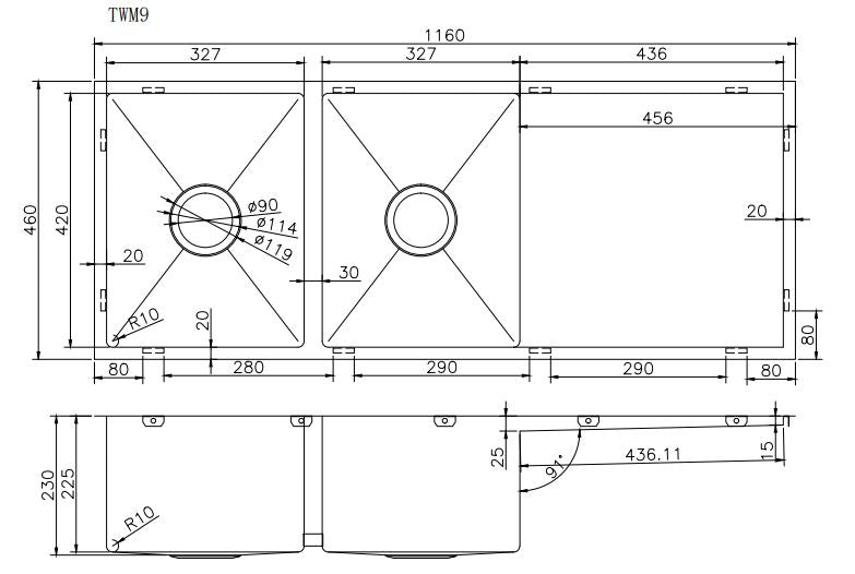 Navona TWM9 Handmade Double Bowl Sink with Drainer 1160 x 460 x 230mm technical drawing