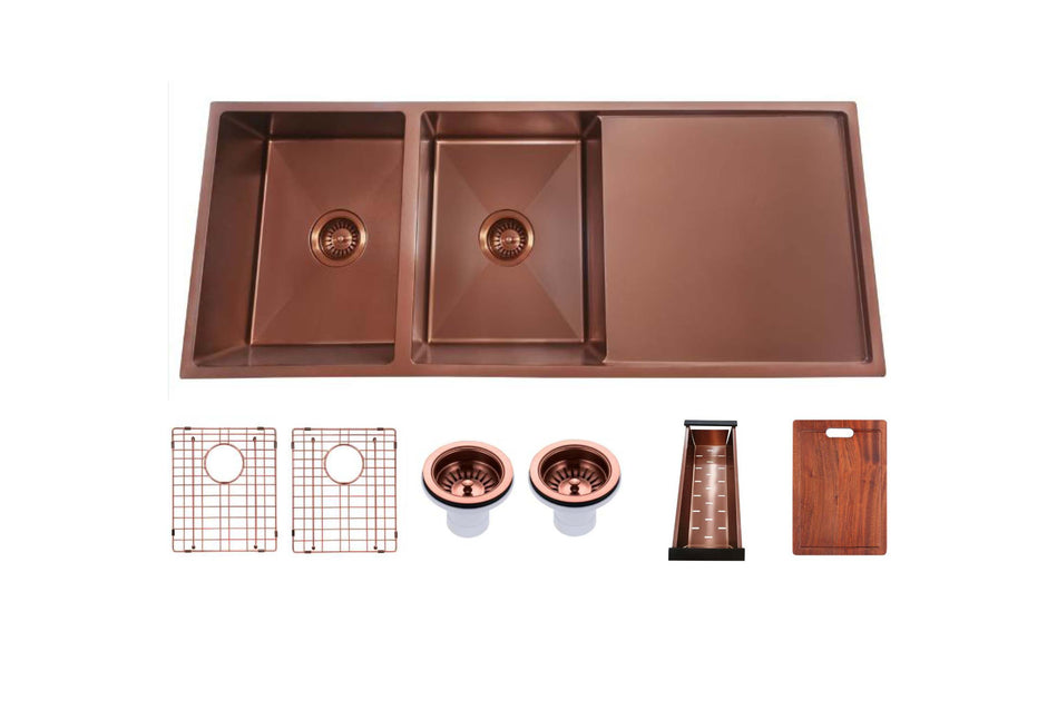 Navona TWM9 Handmade Double Bowl Sink with Drainer 1160 x 460 x 230mm Rose Gold