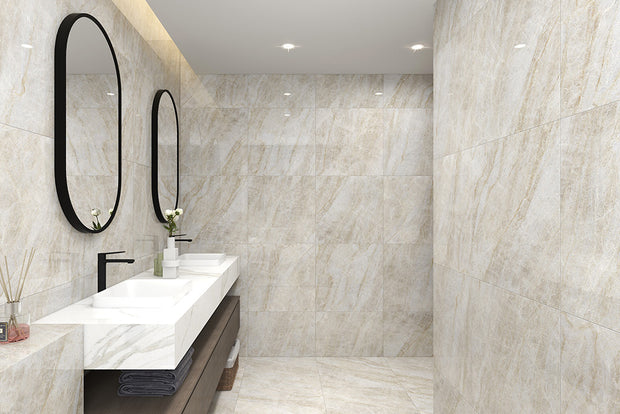 Euromarmo Taj Mahal Polished Marble Look Porcelain Tiles in a room setting