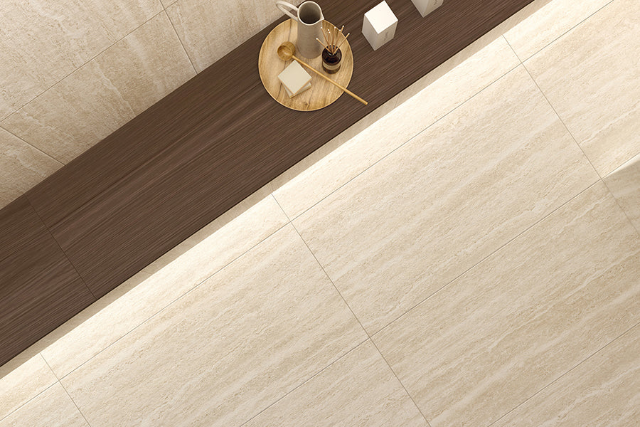 Tivoli Sand Vein Cut Travertine Look Porcelain Tiles in a room setting