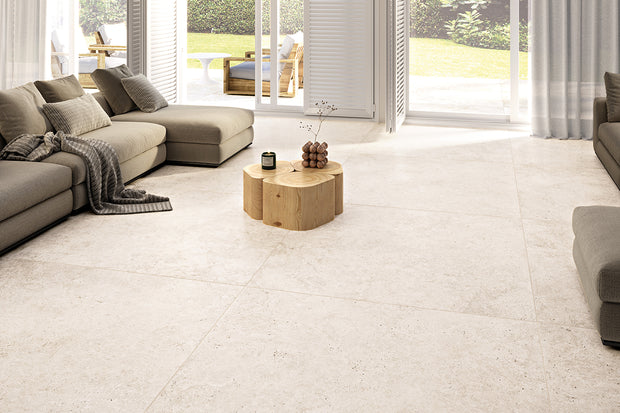 Tivoli White Cross Cut Travertine Look Porcelain Tiles in a room setting