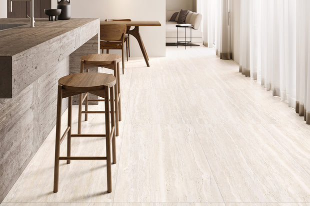 Tivoli White Vein Cut Travertine Look Porcelain Tiles in a room setting