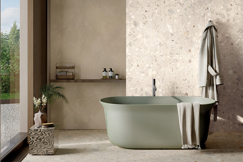 The Rocks Summer Terrazzo Look Porcelain Tiles in a room setting