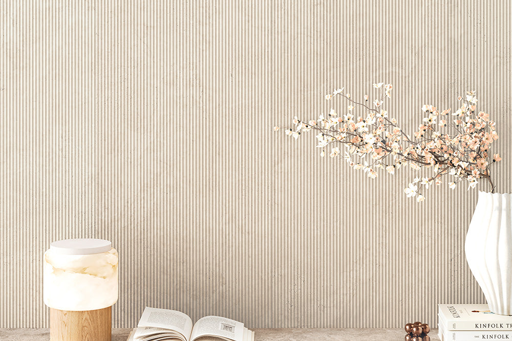 Trav Kave Cashmere Deco Plisse Travertine Look Porcelain Tiles in a room setting