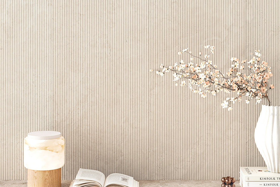 Trav Kave Cashmere Deco Plisse Travertine Look Porcelain Tiles in a room setting