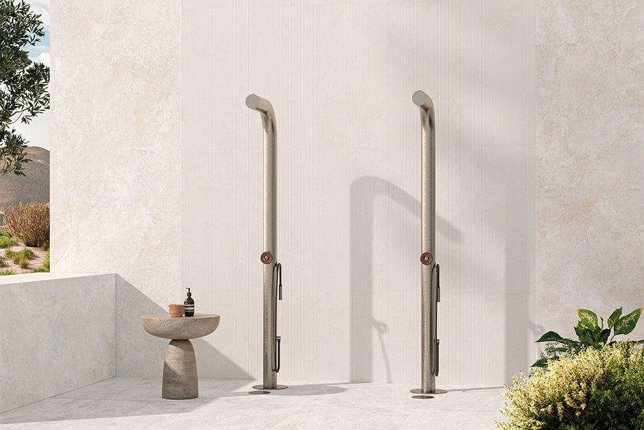 Trav Kave Cashmere Deco Plisse Travertine Look Porcelain Tiles in a room setting