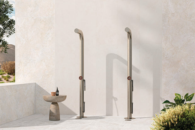 Trav Kave Cashmere Deco Plisse Travertine Look Porcelain Tiles in a room setting