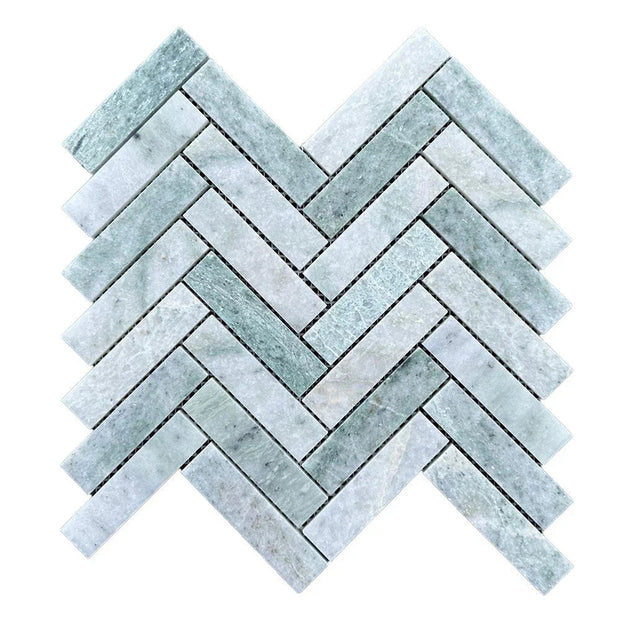 Tuscany Green Long Herringbone Marble Look Porcelain Tiles tile