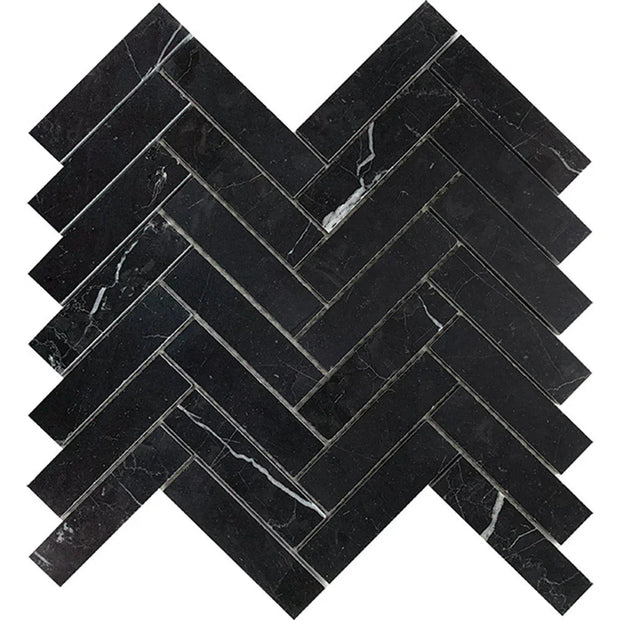 Tuscany Nero Marquina Long Herringbone Marble Look Porcelain Tiles tile