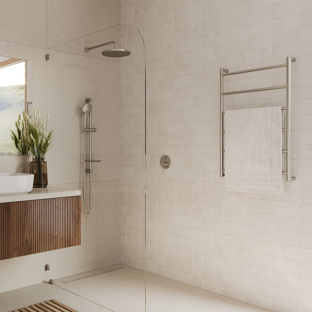 Venice Stainless Steel Heated Towel Ladder in a styled room