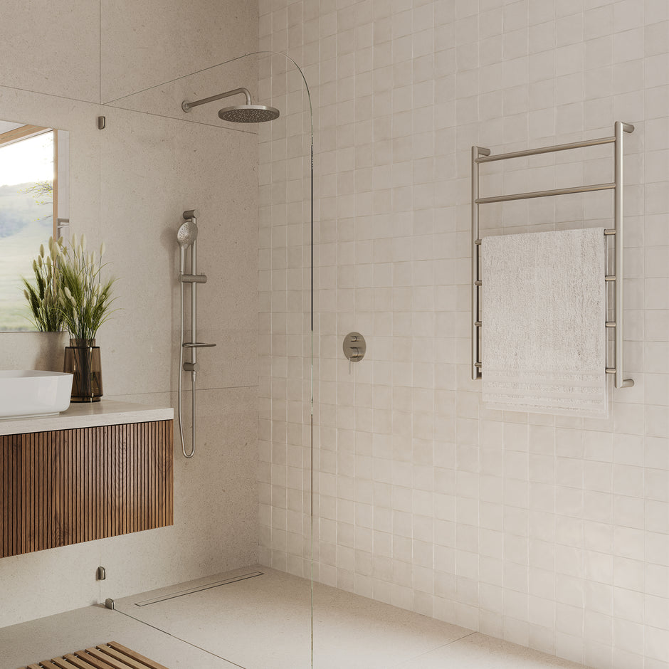 Venice Stainless Steel Heated Towel Ladder in a styled room