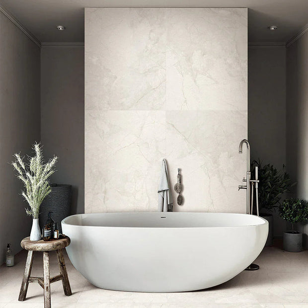 Vemac White Marble Look Porcelain Tiles in a room setting