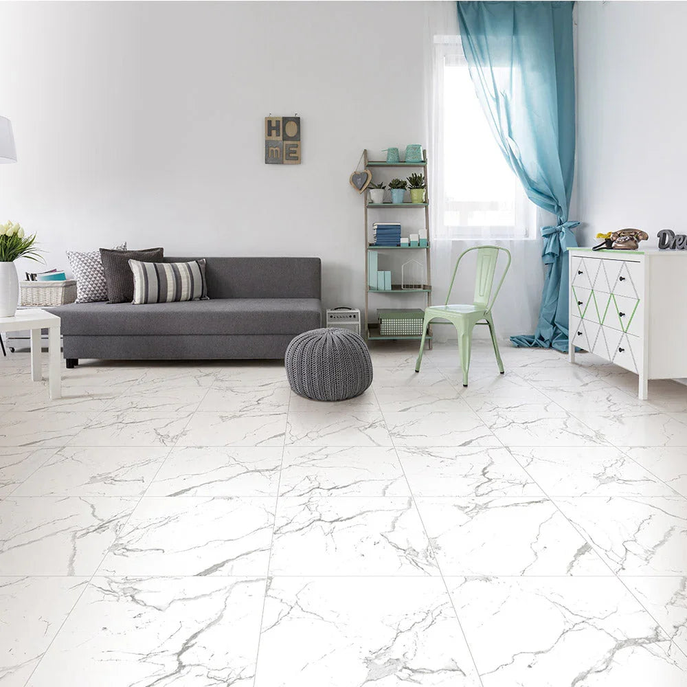 Veneto Carrara Marble Look Porcelain Tiles in a room setting