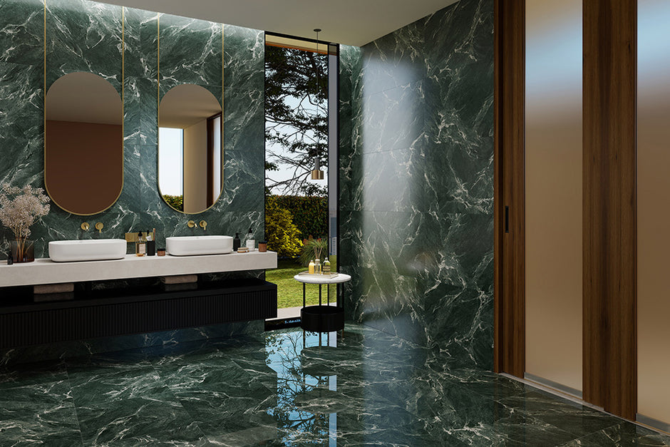 Euromarmo Verde Bella Marble Look Porcelain Tiles in a room setting