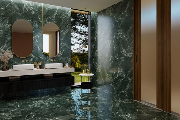 Euromarmo Verde Bella Polished Marble Look Porcelain Tiles in a room setting