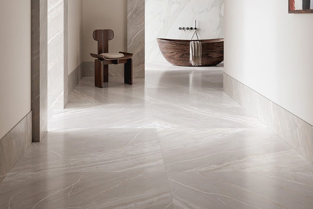 Viva Palissandro Marble Look Porcelain Tiles in a room setting