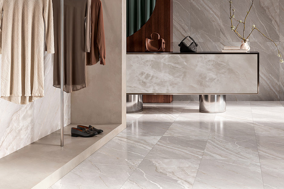 Viva Palissandro Marble Look Porcelain Tiles in a room setting