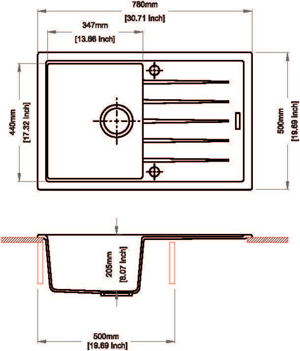 Navona Carysil Vivaldi D100S Single Bowl Granite Sink with Drainer 780 x 500 x 205mm technical drawing