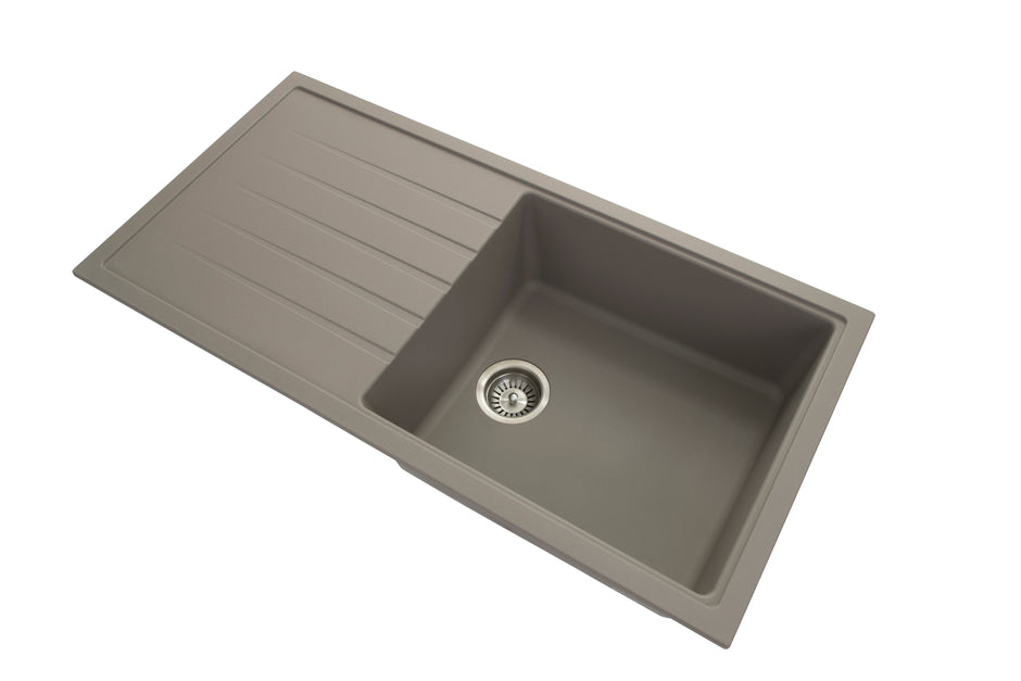 Navona Vivaldi D100L Single Bowl Granite Sink with Drainer 1000 x 500 x 220mm Concrete Grey