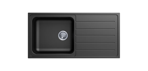 Navona Vivaldi D100L Single Bowl Granite Sink with Drainer 1000 x 500 x 220mm Deep Black