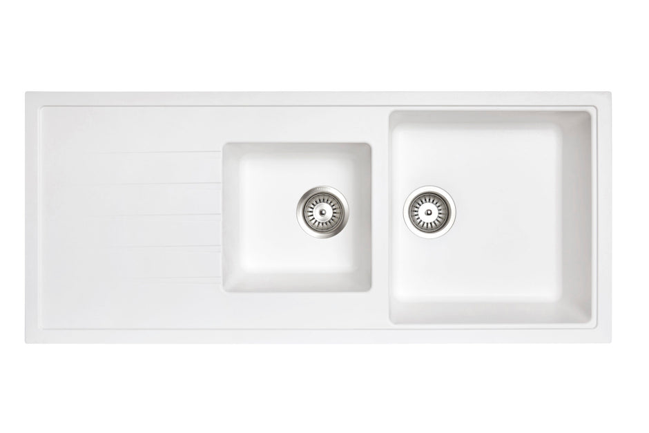 Navona Vivaldi D200 One and a Half Bowl Granite Sink with Drainer 1160 x 500 x 205mm Snova White