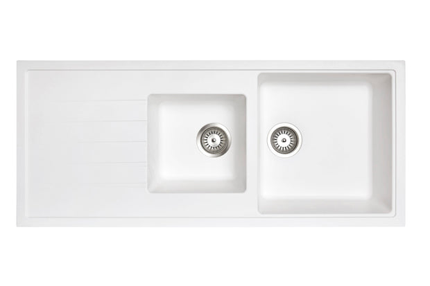 Navona Vivaldi D200 One and a Half Bowl Granite Sink with Drainer 1160 x 500 x 205mm Snova White