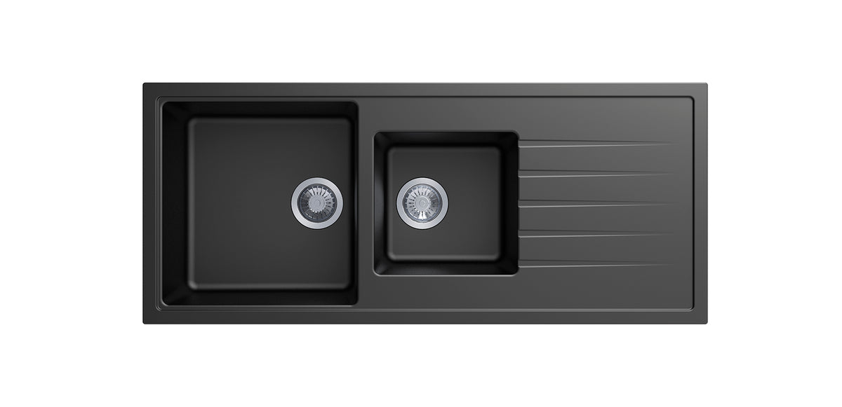 Navona Vivaldi D200 One and a Half Bowl Granite Sink with Drainer 1160 x 500 x 205mm Deep Black