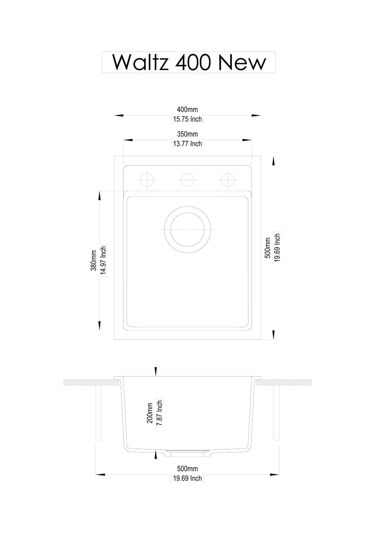 Navona Carysil Waltz 400 Single Bowl Granite Sink 400 x 500 x 200mm technical drawing
