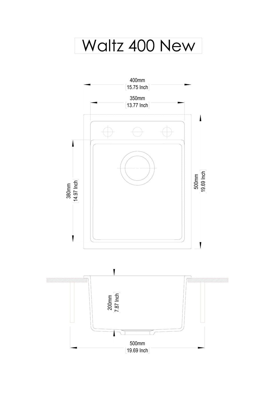 Navona Carysil Waltz 400 Single Bowl Granite Sink 400 x 500 x 200mm technical drawing