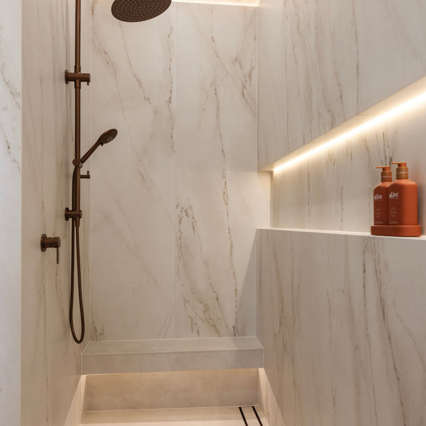 Round Gooseneck Shower Set with 300mm rose, Three-Function Hand Shower- Lustre Bronze