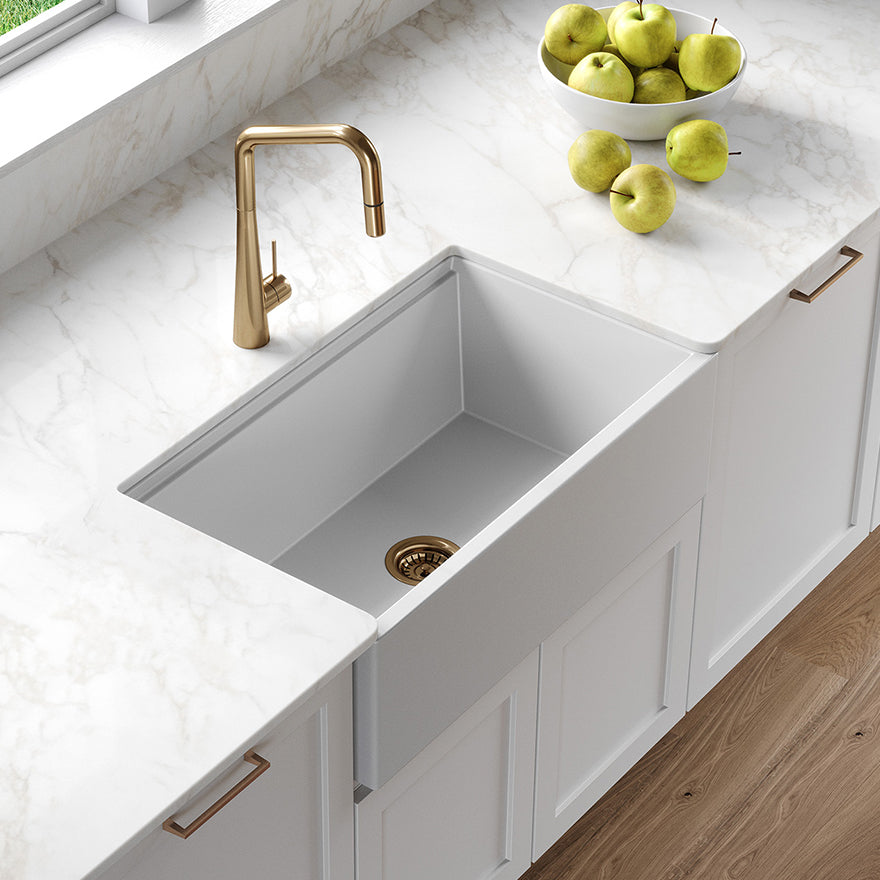 Santorini Farmhouse Undermount Sink in a styled room