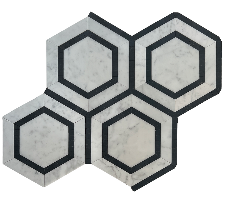 HEXAGON CARRARA + NERO BORDER HONED SHEET SIZE 315X275X10MM FRAME: 388X311X10MM - HEXAGON CARRARA + NERO BORDER HONED -04