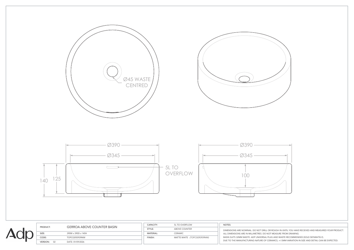 ADP Gerroa in Matte White above counter basin