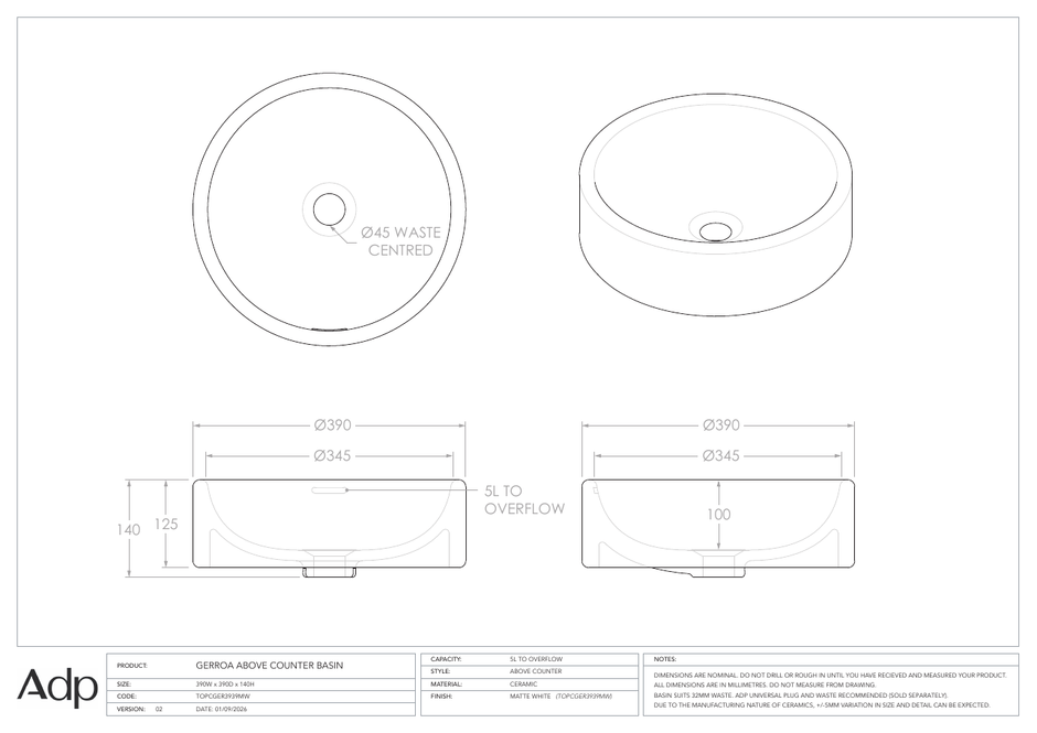 ADP Gerroa in Matte White above counter basin