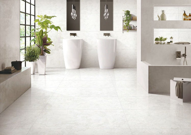 Agrigento White Matt Marble Look Porcelain Tiles 600x1200mm in a room setting