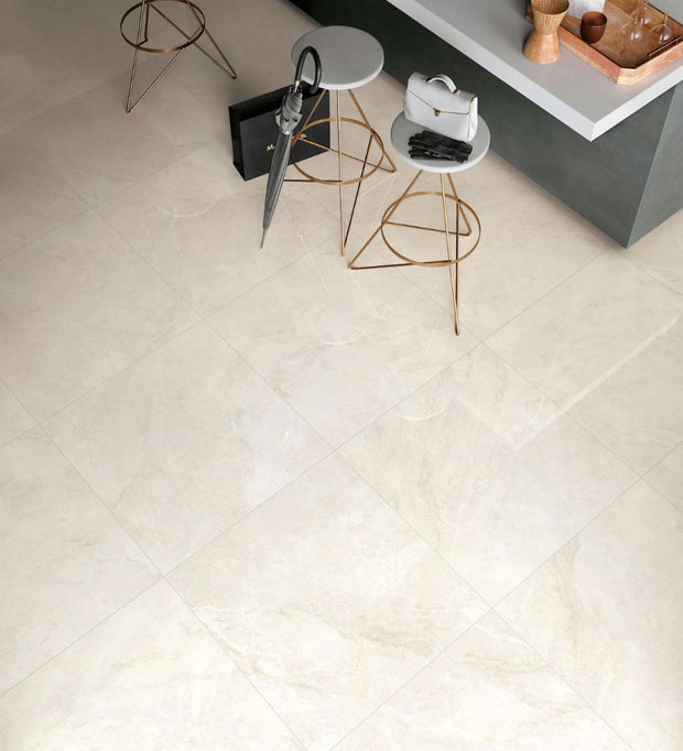 Alba Cream Polished Stone Look Porcelain Tiles 600x1200mm in a room setting