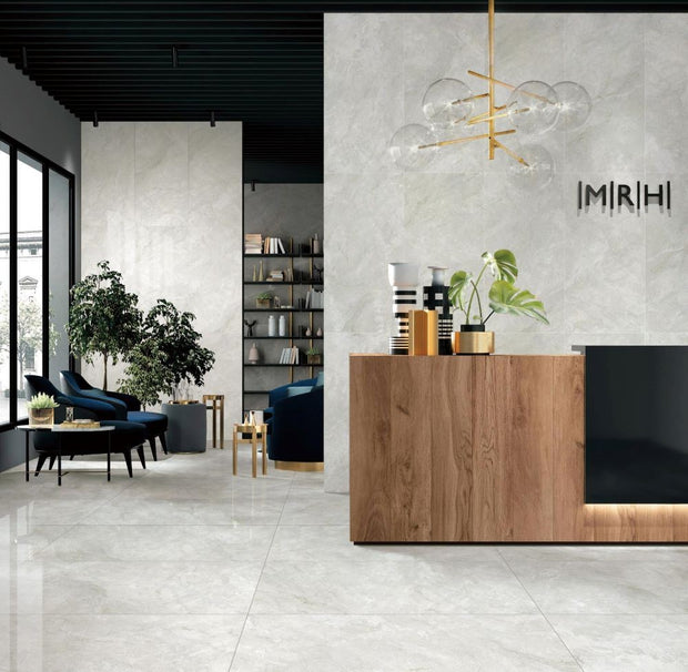 Alba Grey Polished Stone Look Porcelain Tiles 600x600mm in a room setting