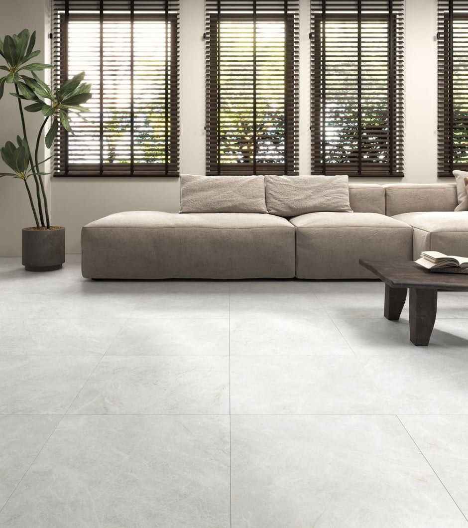 Alba Grey Satin Stone Look Porcelain Tiles 600x600mm in a room setting