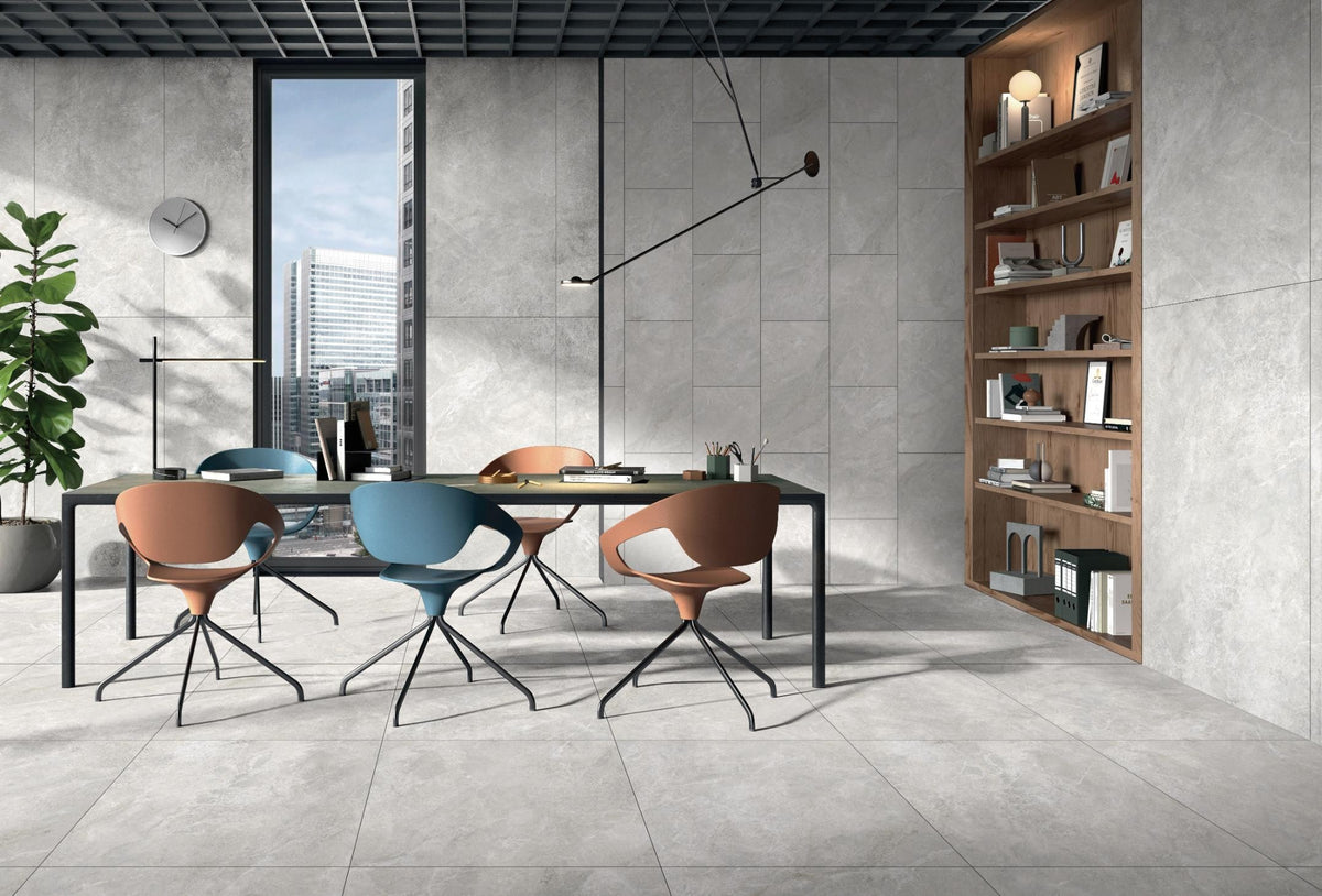 Alba Grey Satin Stone Look Porcelain Tiles 600x600mm in a room setting