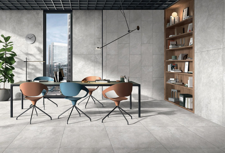 Alba Grey Satin Stone Look Porcelain Tiles 600x600mm in a room setting