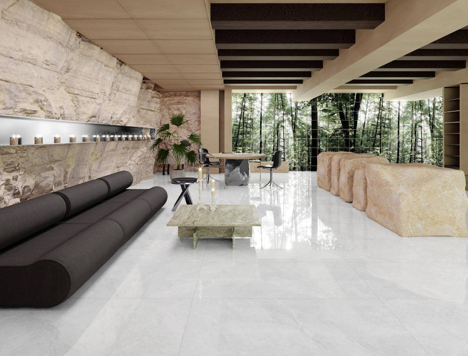 Alba White Polished Stone Look Porcelain Tiles 600x1200mm in a room setting