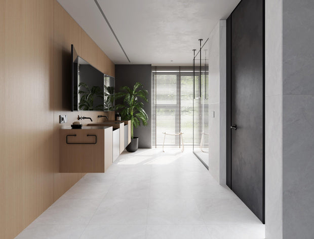 Alba White Satin Stone Look Porcelain Tiles 600x600mm in a room setting