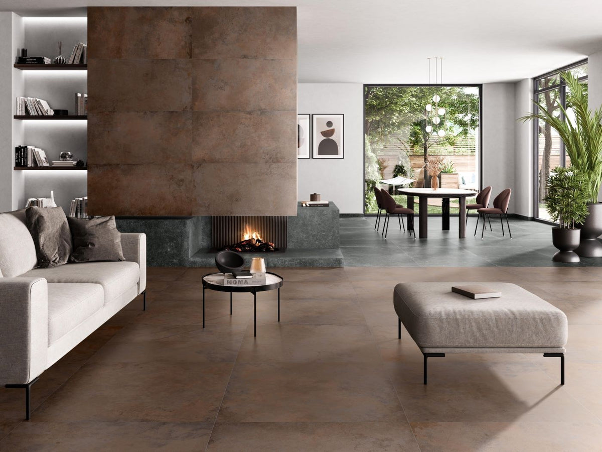 Alloy Copper Matt Metallic Look Porcelain Tiles in a room setting