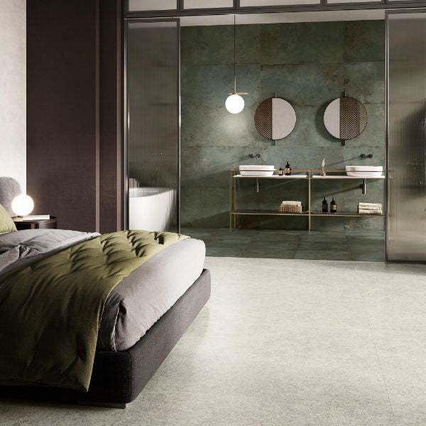 Alloy Mint Lappato Metallic Look Porcelain Tiles in a room setting
