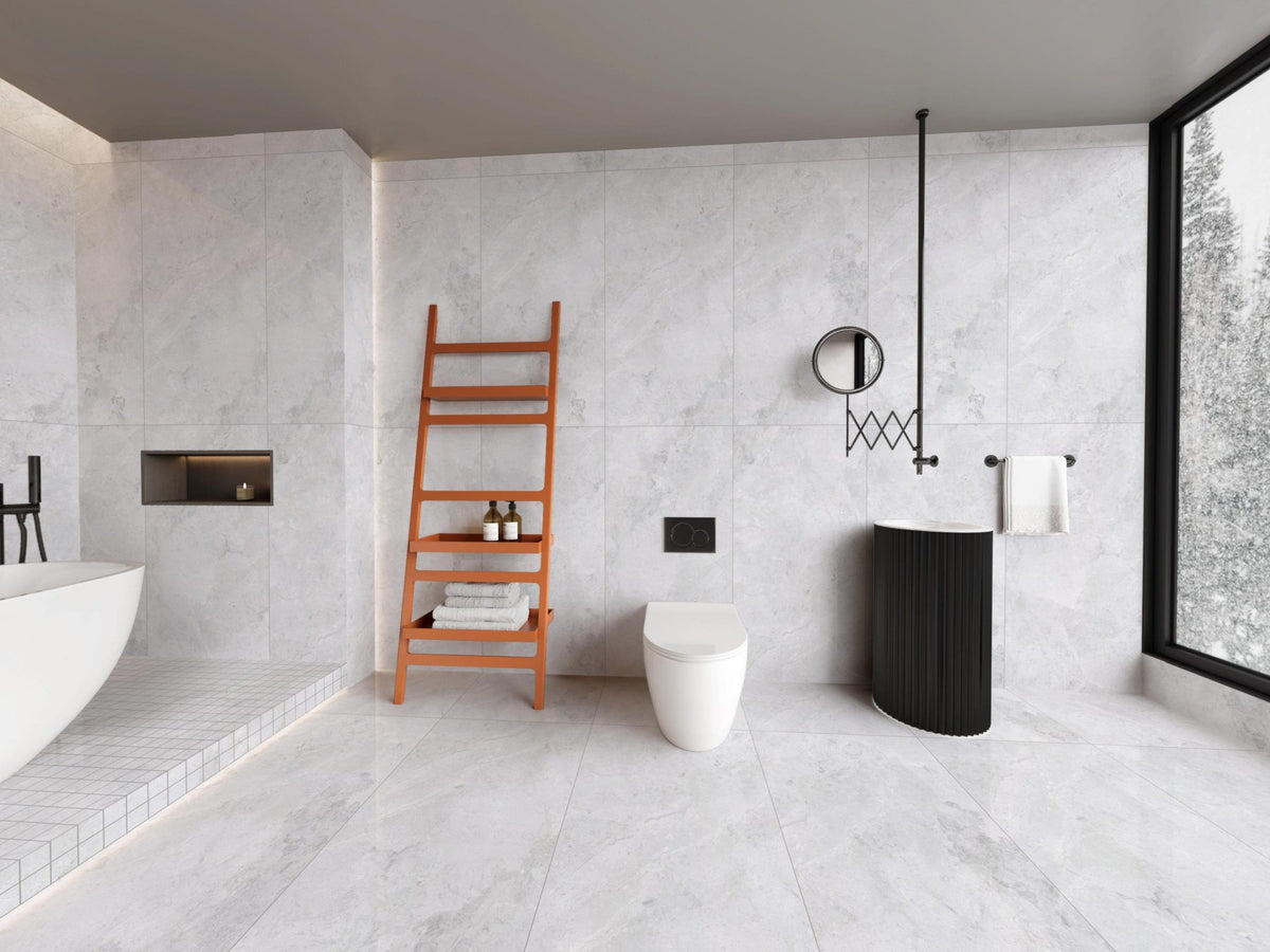 Arctic Tundra White Matt Stone Look Porcelain Tiles in a room setting