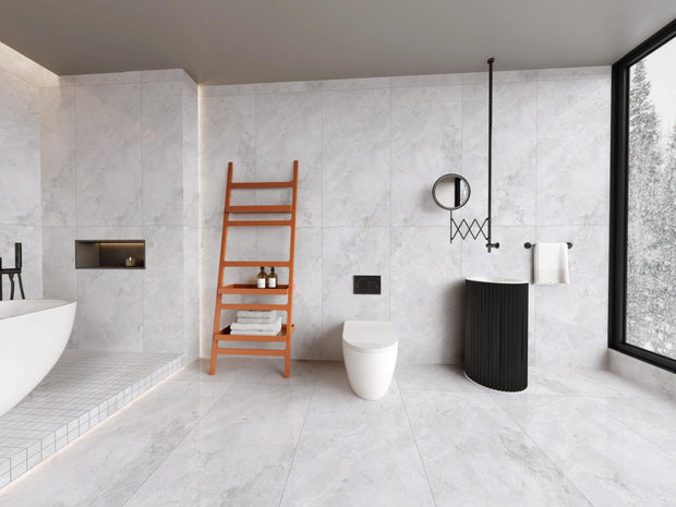 Arctic Tundra White Matt Stone Look Porcelain Tiles in a room setting