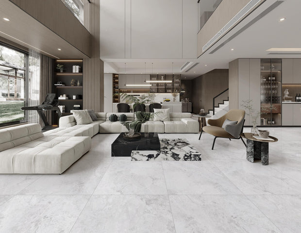Arctic Tundra White Matt Stone Look Porcelain Tiles 600x600mm in a room setting